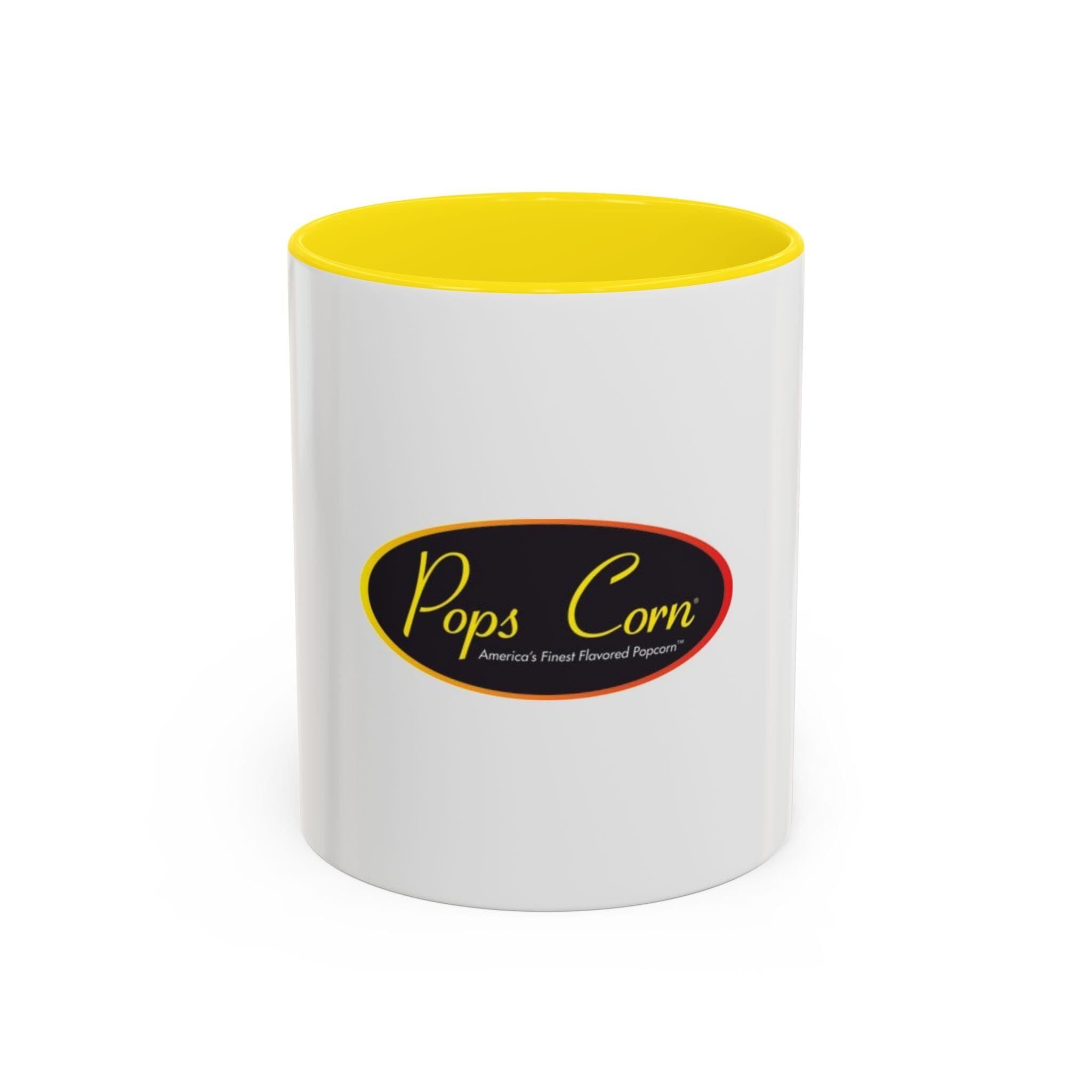 Pops Corn Logo Accent Coffee Mug — Branded Popcorn Shop Ceramic Mug (11/15 oz) Mug Printify 11oz Yellow