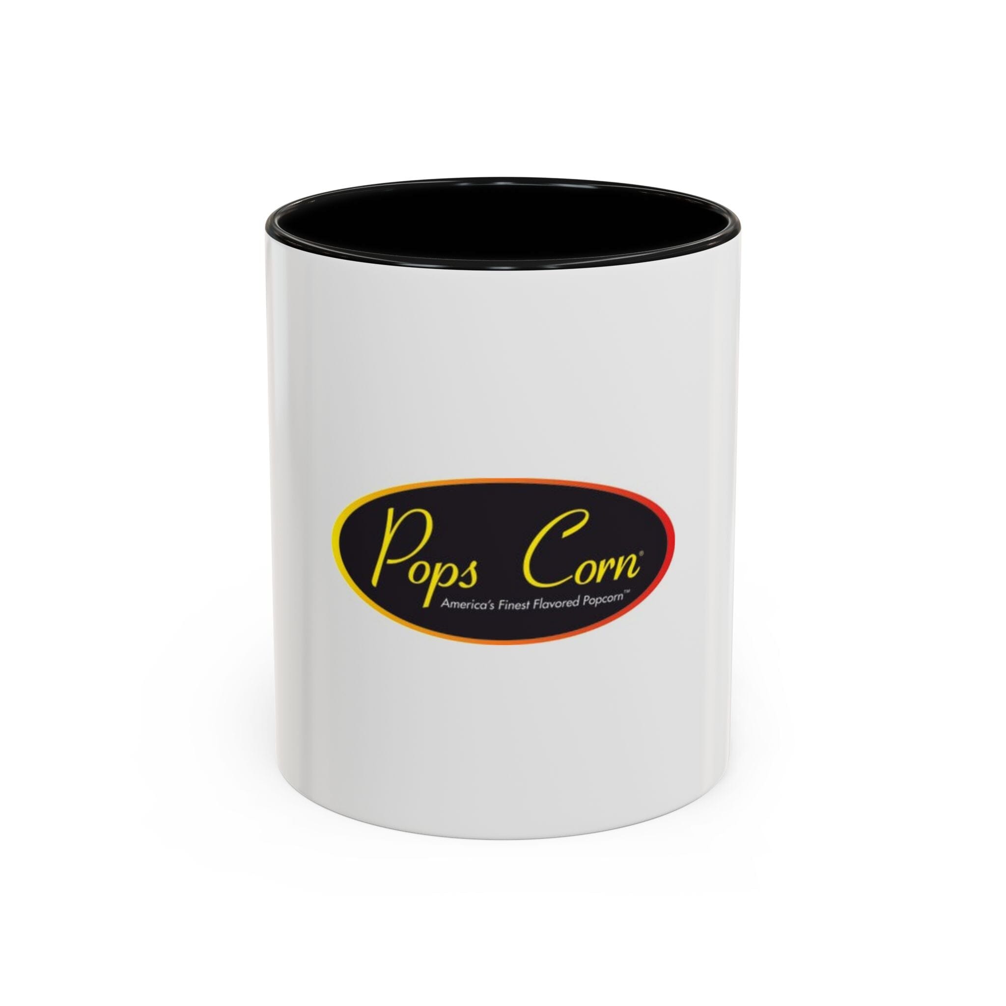 Pops Corn Logo Accent Coffee Mug — Branded Popcorn Shop Ceramic Mug (11/15 oz) Mug Printify 11oz Black