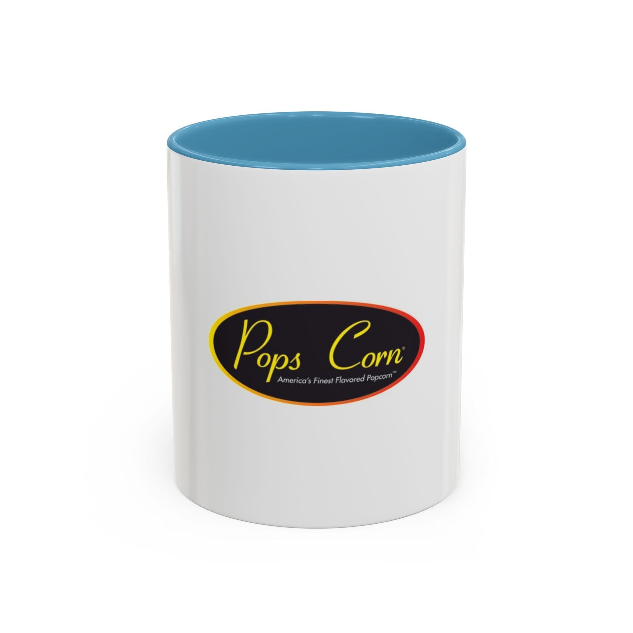 Pops Corn Logo Accent Coffee Mug — Branded Popcorn Shop Ceramic Mug (11/15 oz) Mug Printify 11oz Light Blue