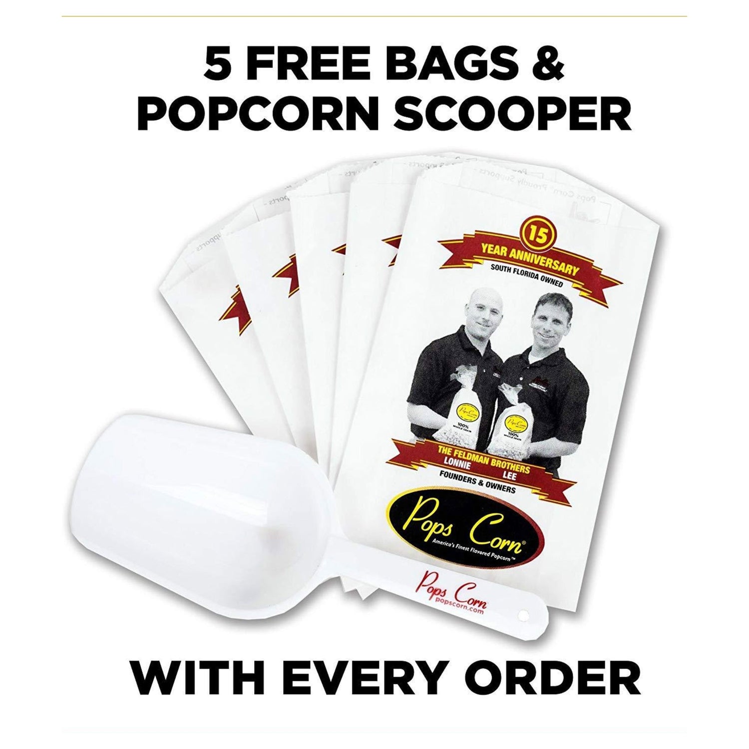 5 Bags & Scooper Popcorn Supplies Pops Corn