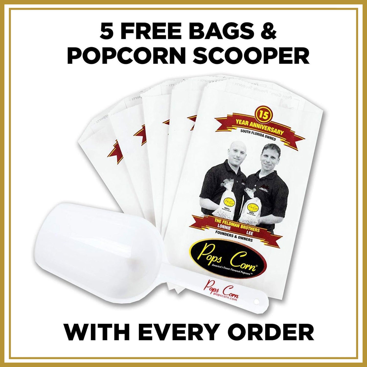 5 Bags & Scooper Popcorn Supplies Pops Corn