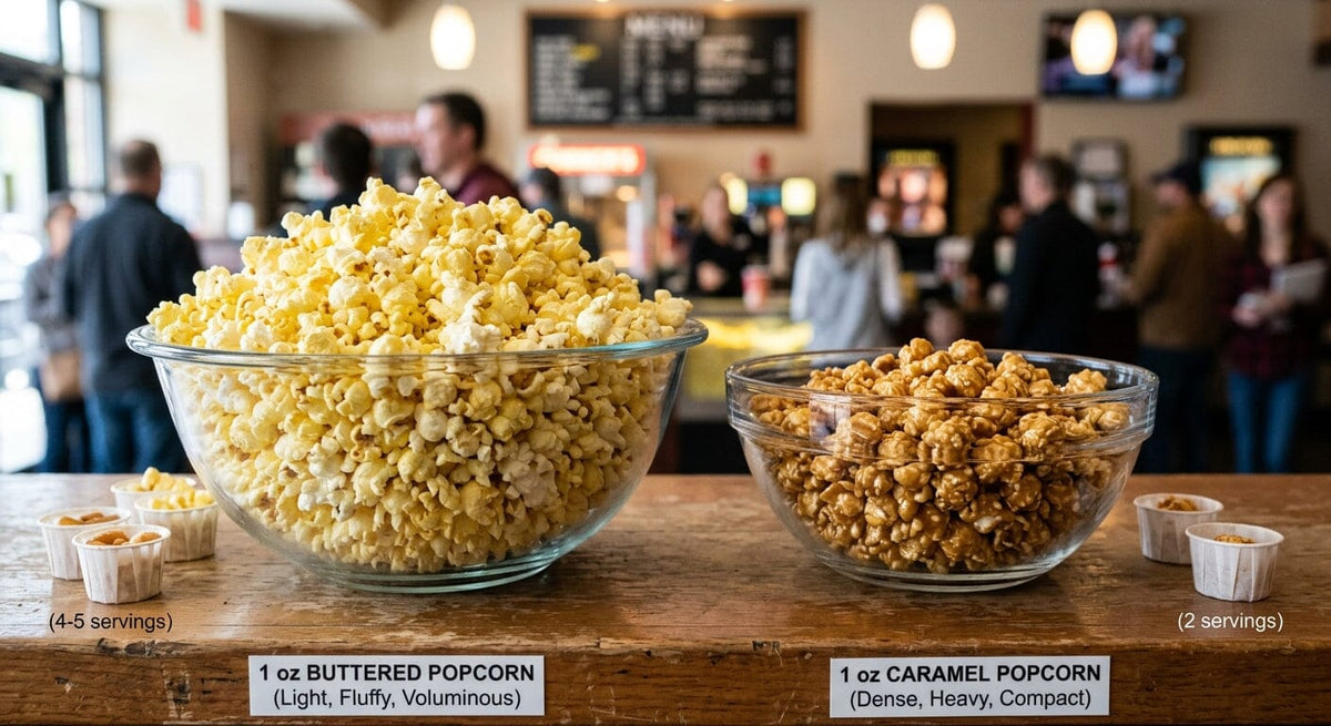 Why Does 1 Ounce of Buttered Popcorn Serve More People Than 1 Ounce of Caramel Popcorn?
