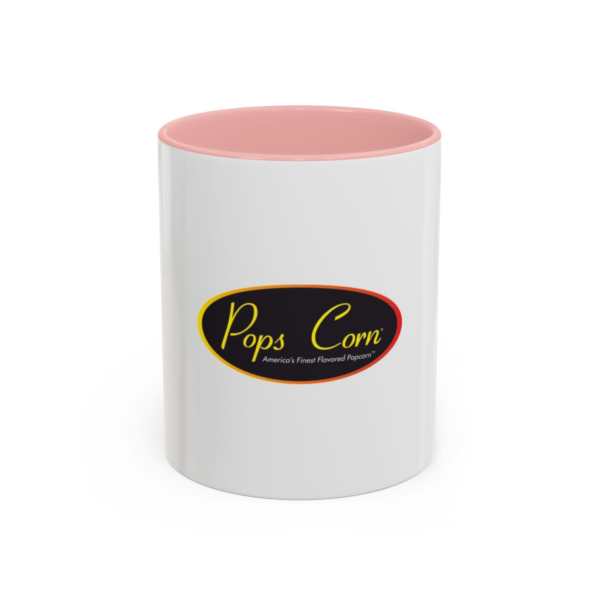 Pops Corn Logo Accent Coffee Mug — Branded Popcorn Shop Ceramic Mug (11/15 oz) Mug Printify 11oz Pink 