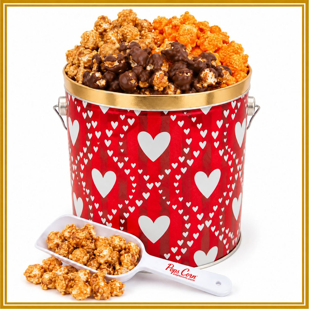 1 Gallon Hearts Popcorn Tin – Choose Up to 3 Flavors | Gourmet Gift Tin | Free Shipping | Pops Corn® Valentine&