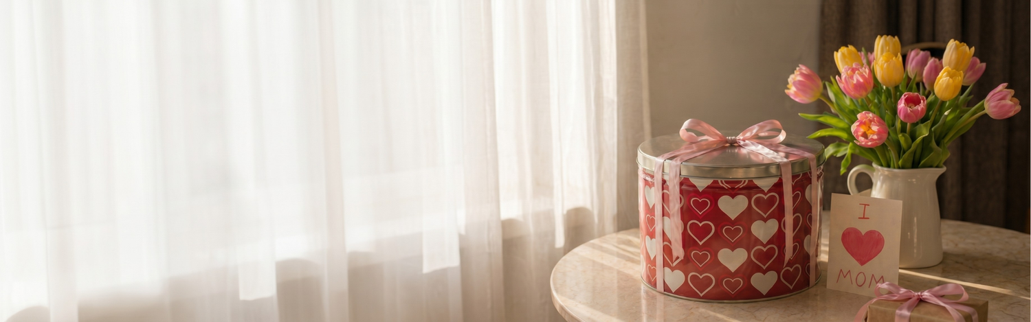 Decorative gift box with heart pattern, pink flowers, and a mug on a table with white curtains in the background.