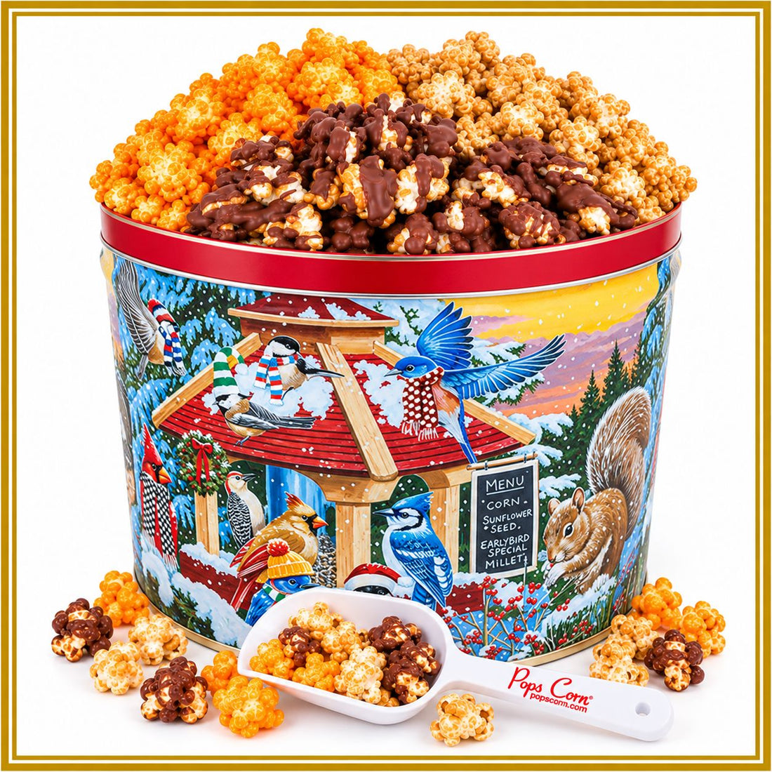 2 Gallon Feathered Friends Tin | Holiday &amp; Corporate Popcorn Gift | Pops Corn Signature Tins Pops Corn 