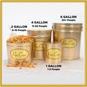 popscorn signature gold tins in 1 gallon, 2 gallon, 4 gallon and 6 gallon sizes
